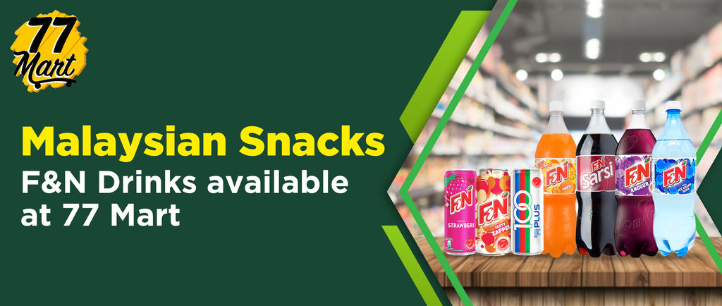 77 Mart - Malaysian, Indonesian, and Singaporean Food Blog Post Banner, title: Malaysian Snacks: F&N Drinks available at 77 Mart