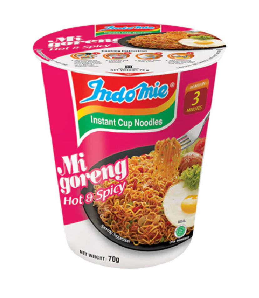 Indonesian food: Indomie Mee Goreng Hot & Spicy, a popular Indonesia food Instant Cup Noodles.